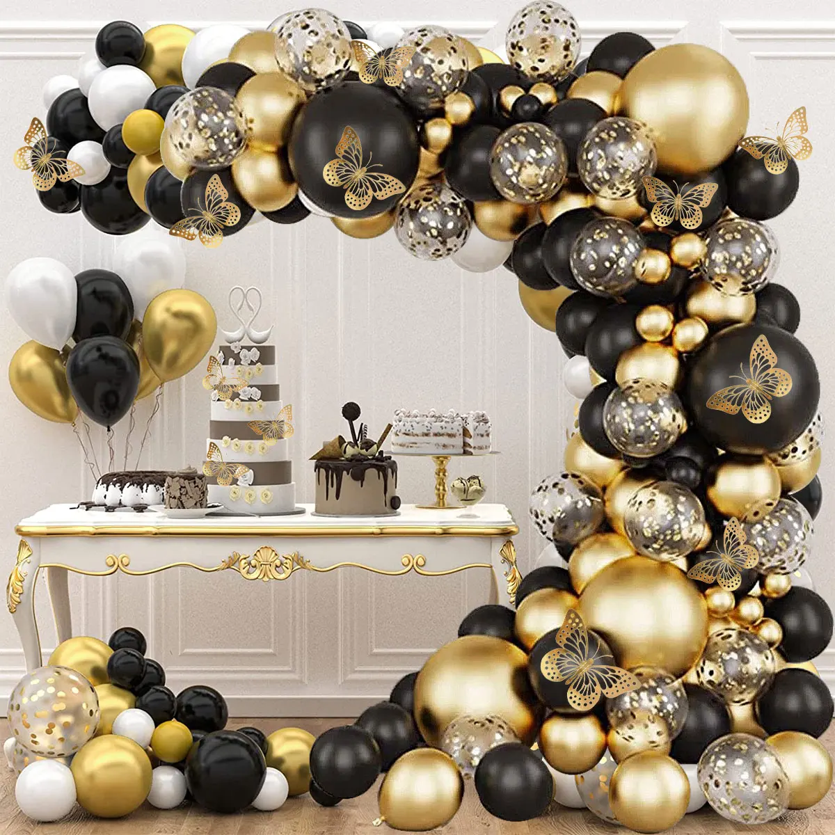 136pcs Party Latex Balloons Reusable Assorted Black Gold Balloons 5-18 Inch Birthday Balloon Decor for Baby Shower Wedding Party