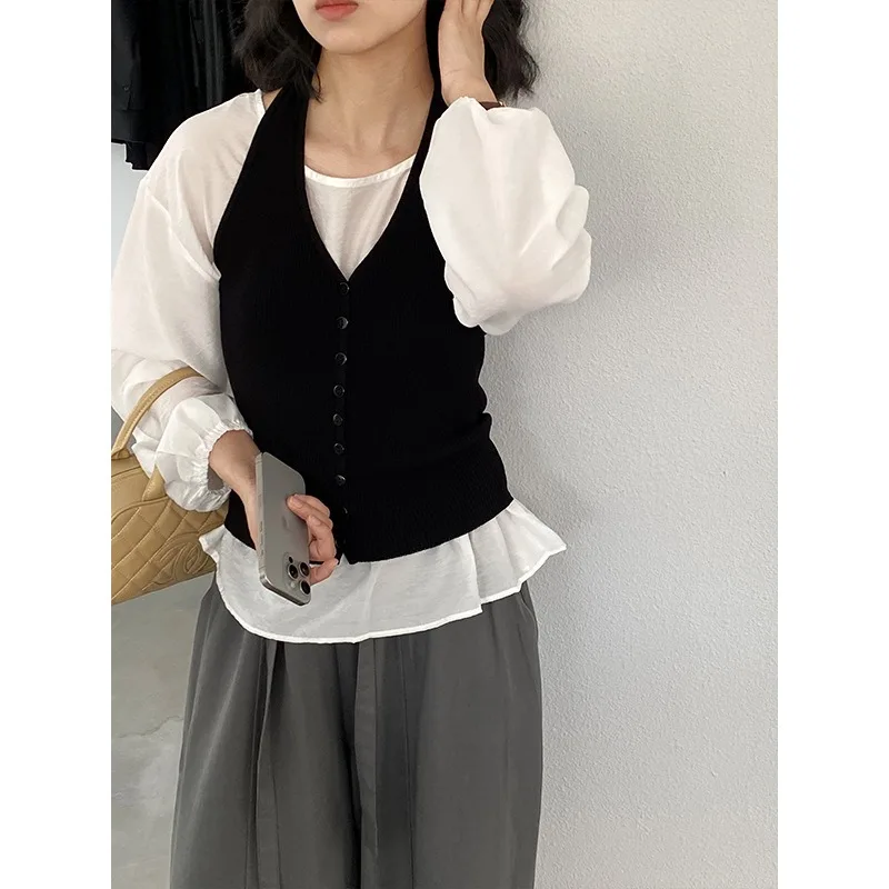 

Women's French Ruffled Round Neck Puff Sleeve Blouse + Waist-Cinching Single-Breasted Halter Knit Two-Piece Set