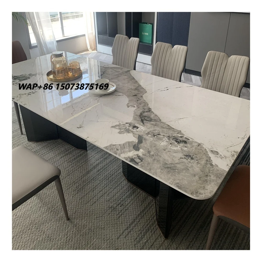Modern Luxury New Design Metal Dining Room Furniture Italian Ceramic Marble Dining Table With Chair Villa Large Dining Table Set