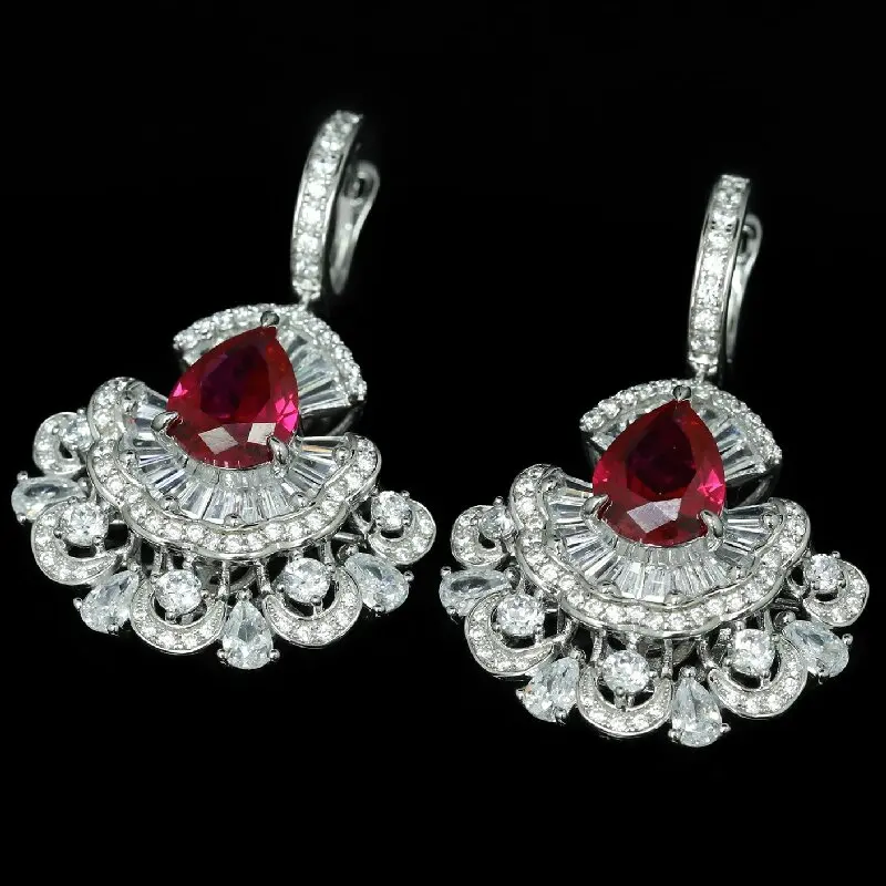 KQDANCE Luxury 925 Sterling Silver High Carbon Diamond Pear Cut Ruby SapphireFan Shaped Earrings Wedding Jewelry