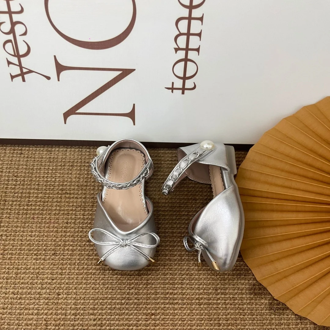 Kids'Casual Shoes Sandals Solid Color Bow Pearl PU Leather Summer Flat Shoes For Girls Anti-slip Silver Shoes Size 23-35