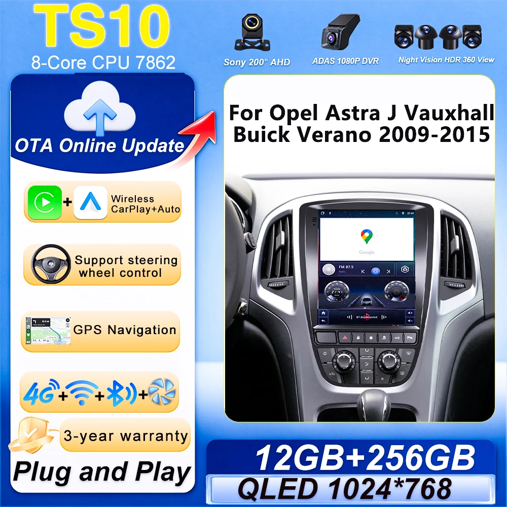 Android 16 Carplay For Opel Astra J Vauxhall Buick Verano 2009-2015 9.7 Inch Car Multimedia Player 5G Wifi Display Android Auto