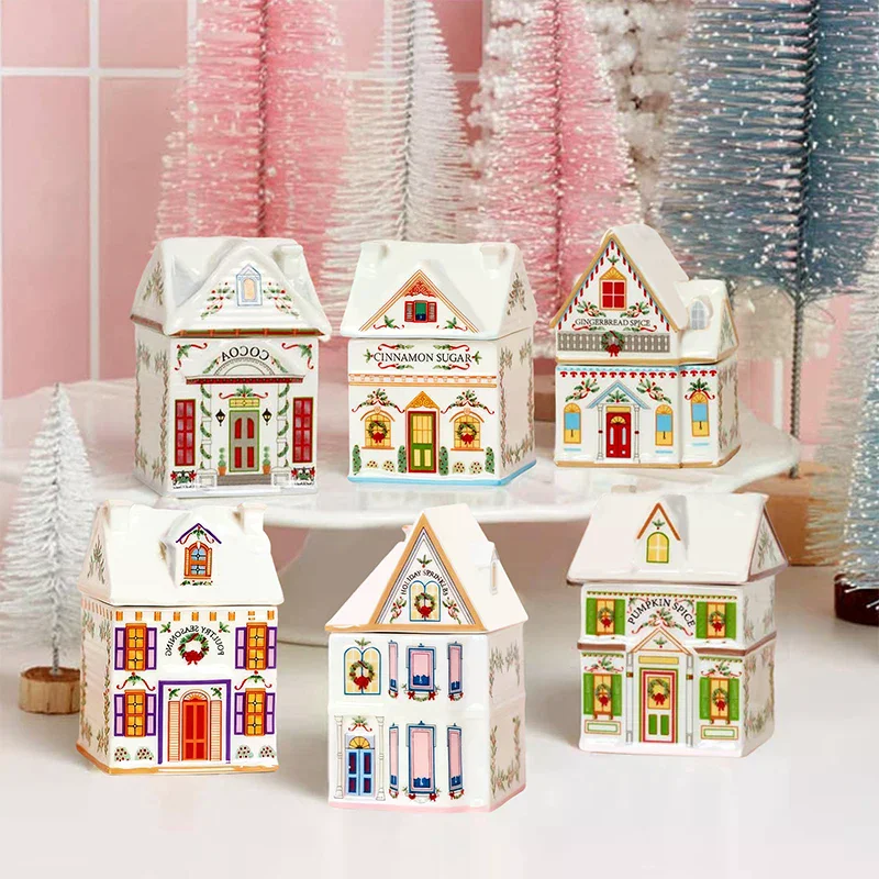 Holiday Village Spice House Set, Mini Christmas Gingerbread Houses Jars, Festive Decor Kitchen Countertop Christmas Candle