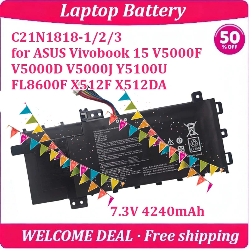 New C21N1818 for ASUS Vivobook 15 V5000F V5000D V5000J Y5100U FL8600F X512F X512DA Laptop Battery 7.3V 4240mAh