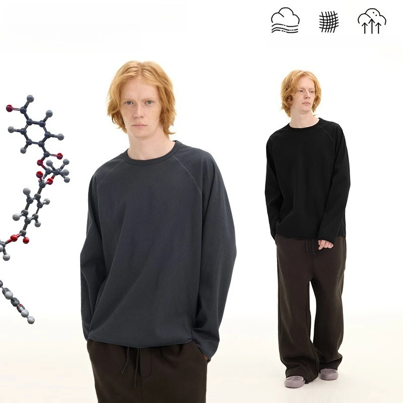 

Быстросохнущая футболка вафельной вязки с круглым вырезом и длинными рукавами: универсальный спортивный топ унисекс для активного отдыха