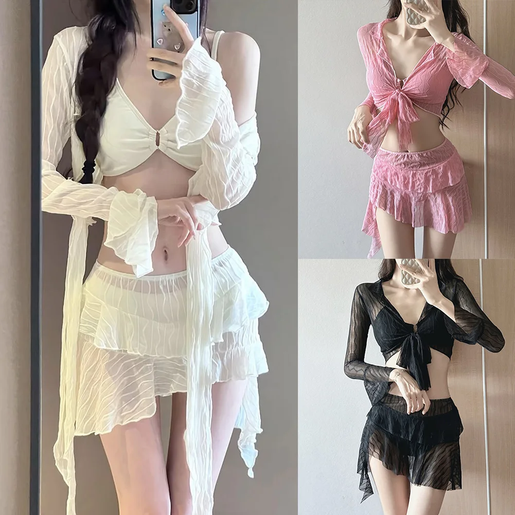 

Бессмертный купальник с разрезом, слегка эластичный бикини, комплект из четырех предметов, горячий весенний женский купальник из двух частей, удобные однотонные костюмы