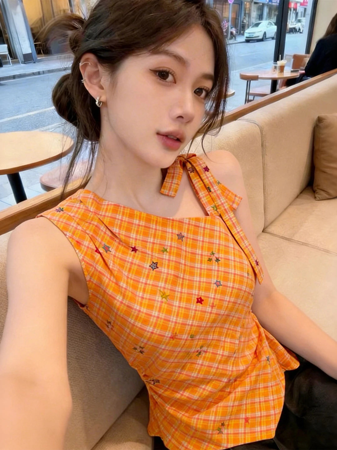 Dopamine Style Orange Plaid  Knot Oblique Shoulder Vest Women Summer Outdoor Super Beautiful Hot Girl Waist Snapped ...