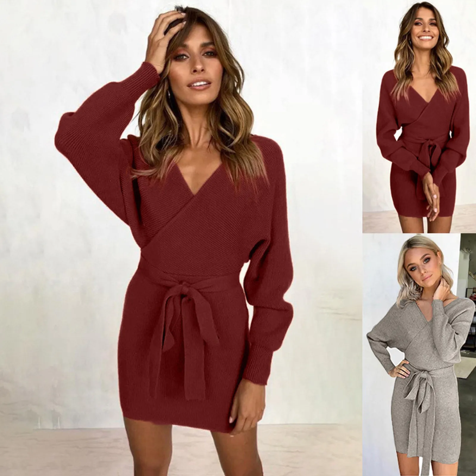 

Women's Fashion Knitted Long Sleeve V-Neck Sexy Hip Wrap Warm Sweater Dress Solid Color Lace Up Comfortable Mid Length Dresses