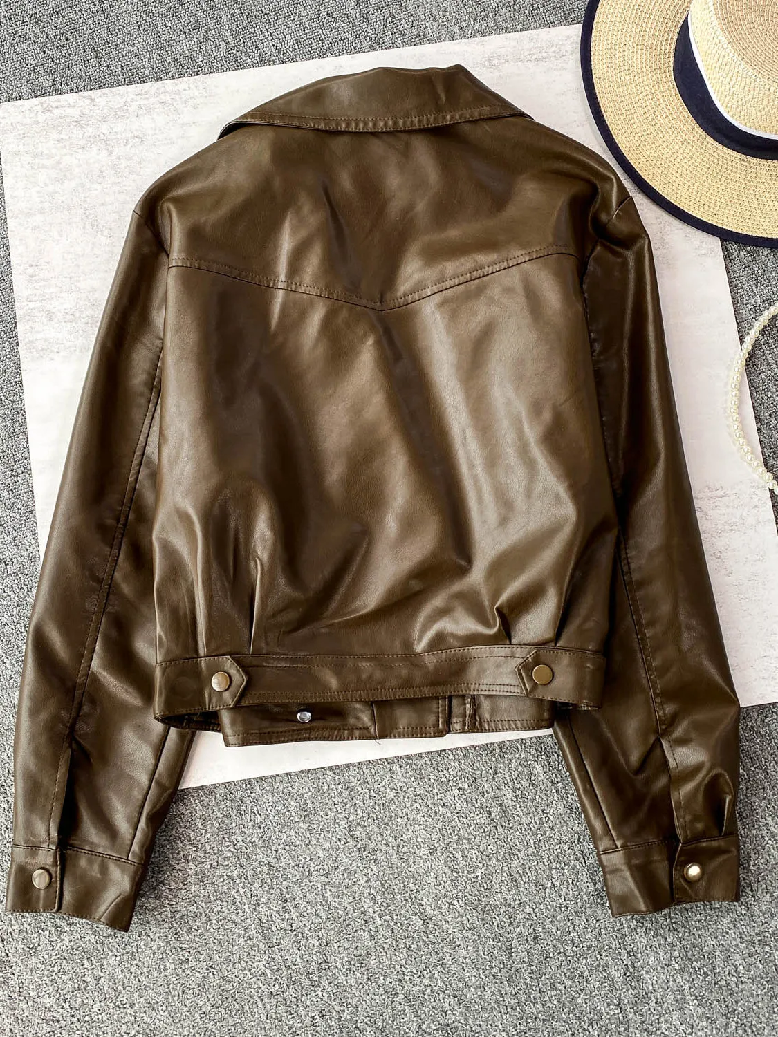 

Женское кожаное пальто Browan Jaet, новинка 2025, пальто с откидным воротником и высокой талией на молнии, американское пальто Sle Faion для высокого и похудения