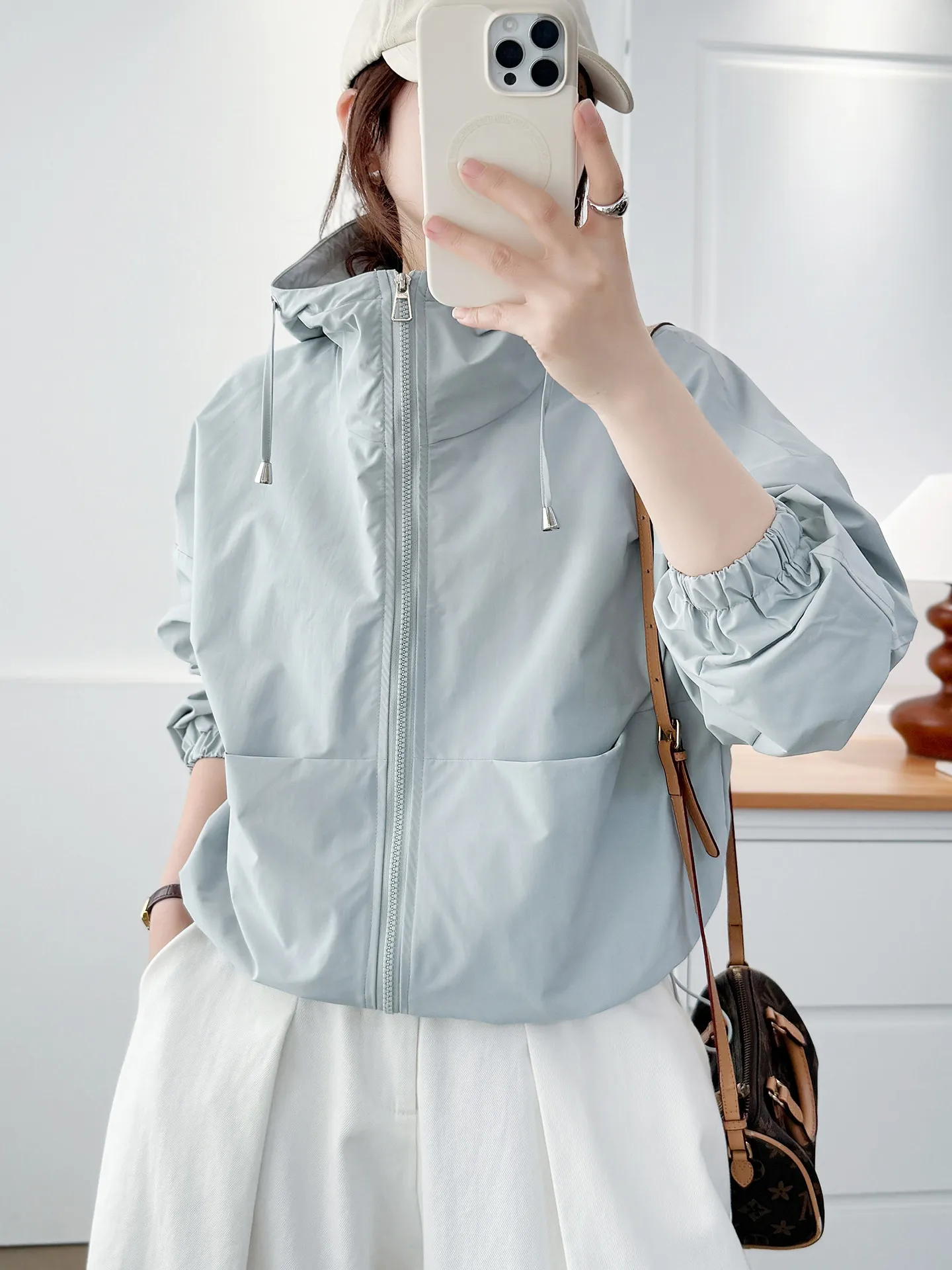 Korean Style Casual Short Long Sleeved Zipper Hooded Jacket Loose Thin Assault Jacket Fashionable Versatile Sun Protection Top