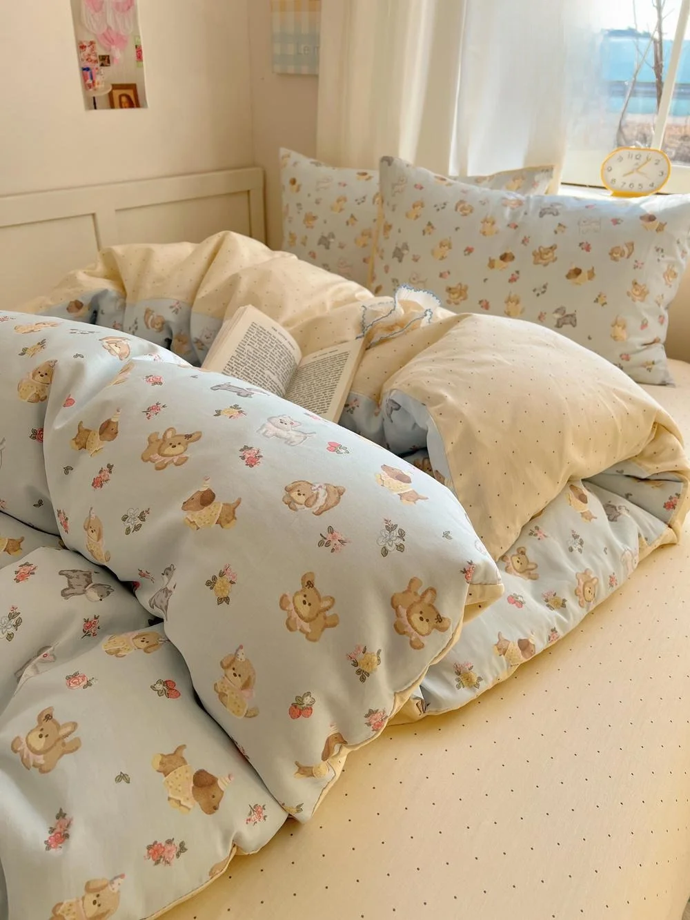Cotton Blue Dog Cartoon Four-Piece Bedding Set 15m Bed Sheet 18 Bed Cap Bedding Soft Warm Comfortable Breathable for Girls