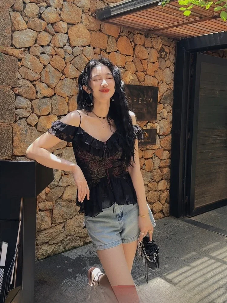 

Сексуальный кружевной топ с цветочным узором, уникальный изысканный дизайн, верхняя одежда для повседневной носки, приталенный крой, полиэстер, цельный, лето 2024