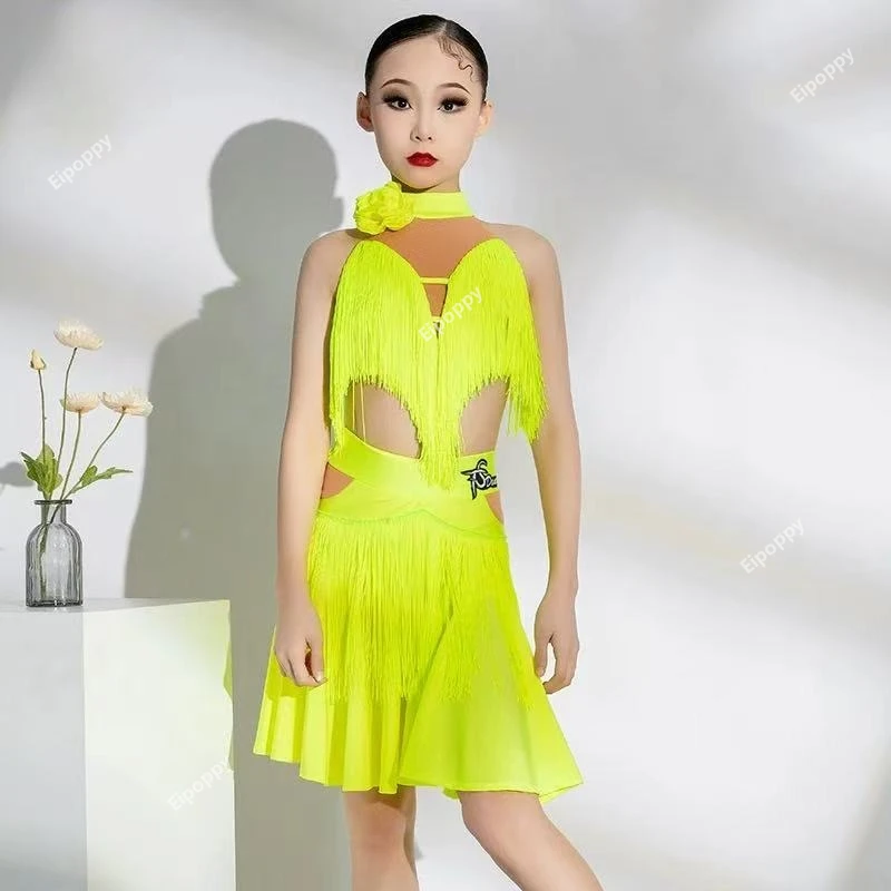 子供ラテンダンスドレス女の子の競技ウエストオフフリンジドレスチャチャサンバダンスパフォーマンスドレス