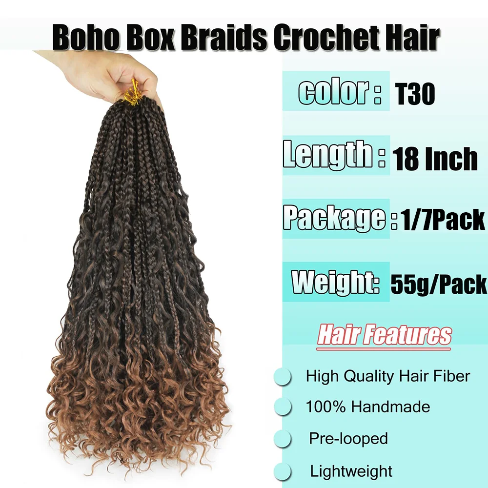 1/7 Packs Goddess Box Braids 10-24Inch Pre-looped Boho Box Braids With Curly Ends 3X Crochet Braids Hair Synthetic Braiding Hair