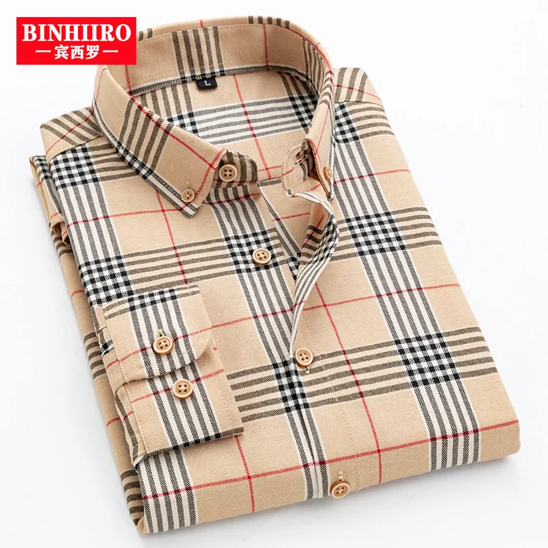 

BINHIIRO Classic Men's Business Shirt Fashion Slim Plaid Single Pocket Lapel Long-sleeved Shirt Spring Autumn Men's Casual Shirt