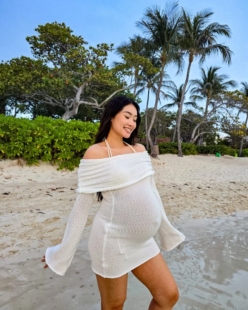 

Maternity Photoshoot Knit Mini Dress Off Shoulder Long Sleeve Short Gown Beach Pregnancy Outfit Baby Shower Photography Wear