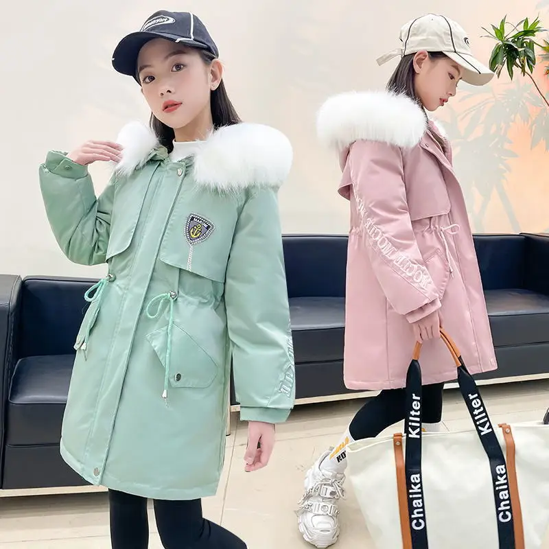 Girls Down Cotton Coat Jacket Outerwear 2022 Green Warm Plus Thicken Velvet Winter Autumn Children's Clothing