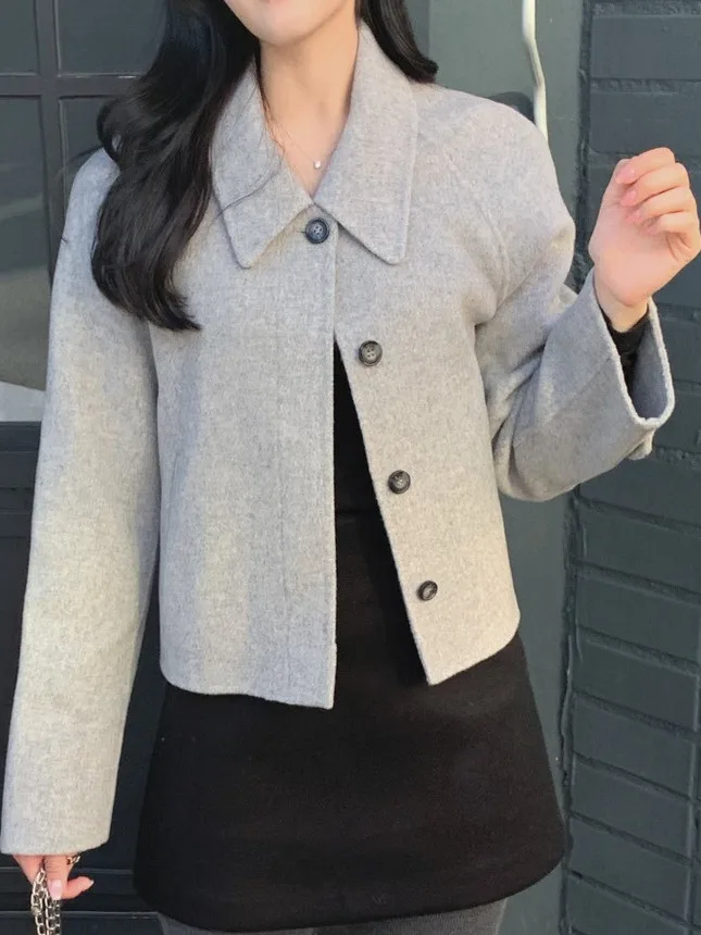 

Korean Sle Soft Simple Notch Collar Woolen Coat Women Early Autumn Small Size Loose Versatile ort Thiened Woolen Jaet