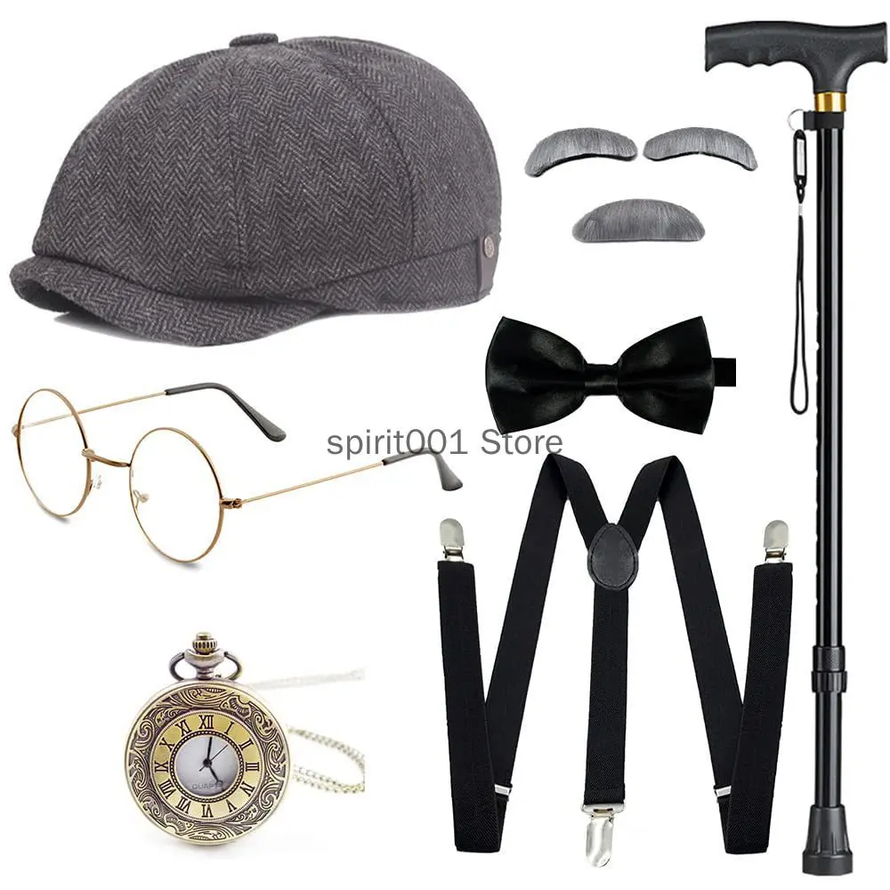 1920s Mens Gatsby Gangster Costume Accessories Set Old Man Costume Grandpa Accessories Set with Newsboy Hat Retro Classic Props