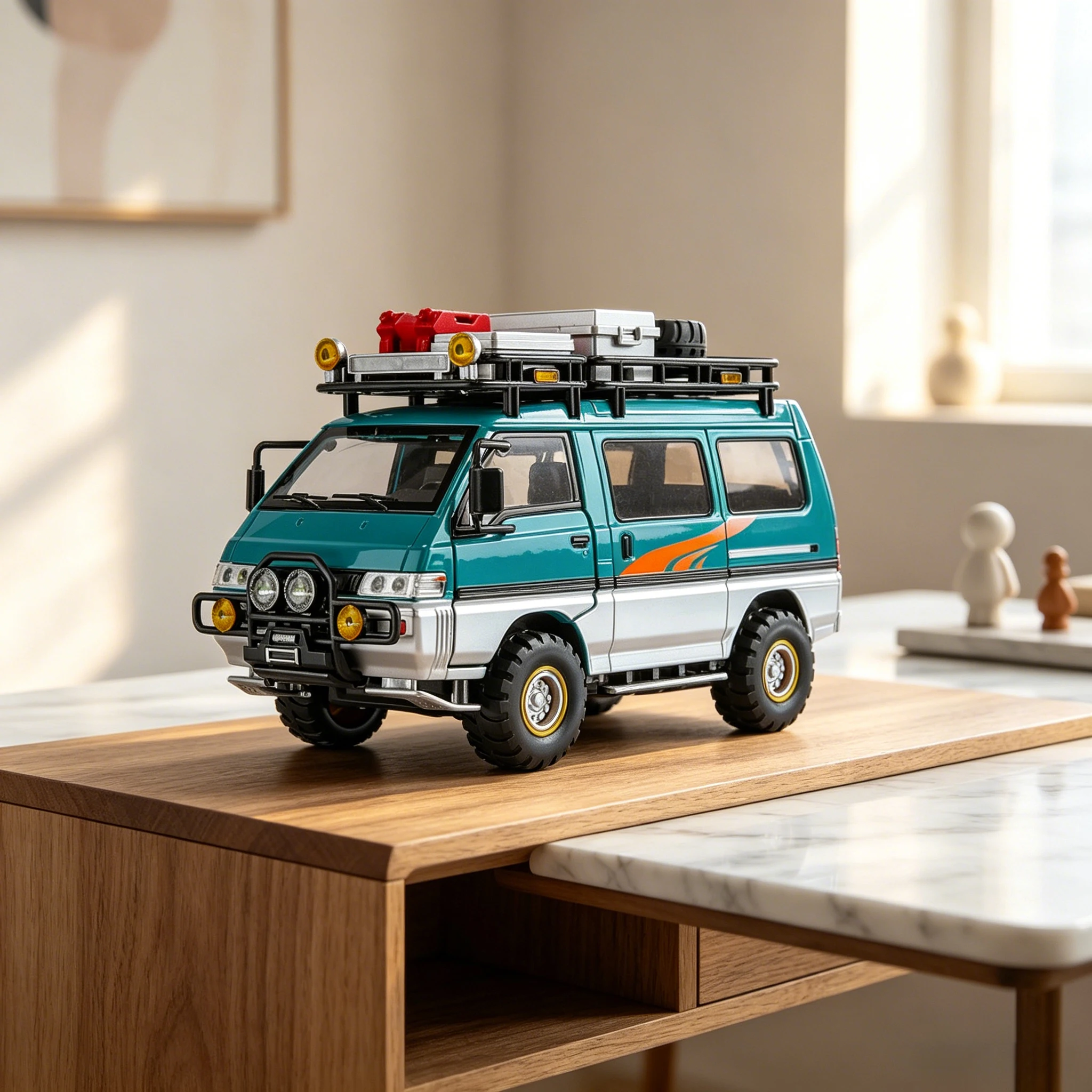 1:24 Delica L300 Modifiziertes Allrad-Geländewagen-MPV-Legierungsautomodell, simuliertes Sound- und Licht-Spielzeugauto für Kinder