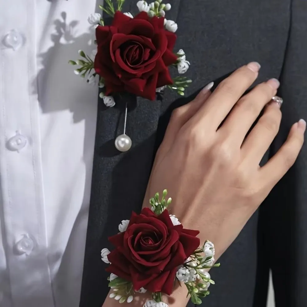 6PCS/SET Artificial Rose Flower Wrist Flower Silk Flower Beautiful Wedding Wrist Corsage Exquisite Bridesmaids Bracelet