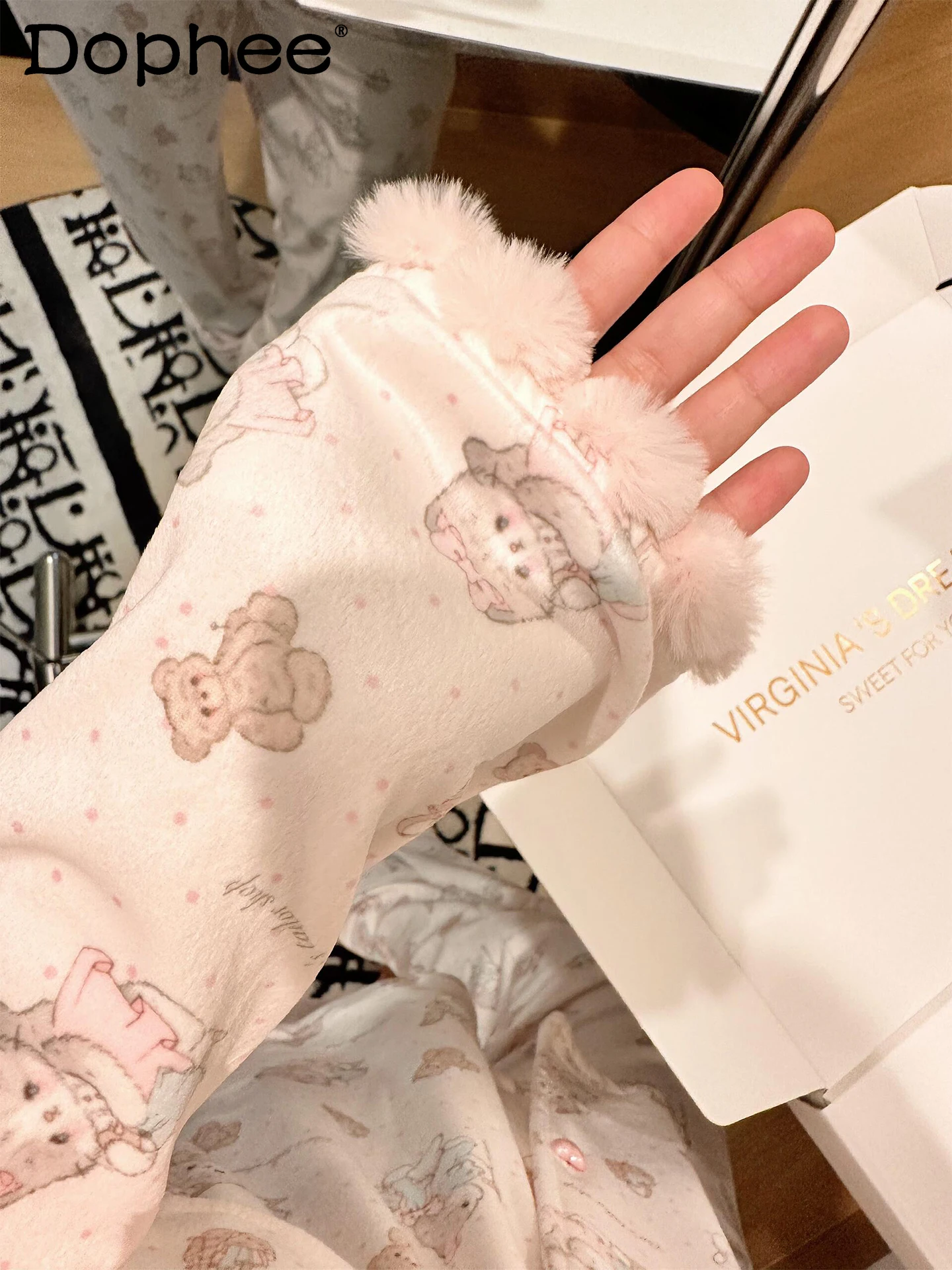 

Japanese Style Cute Cat Print Thin Fleece Long Sleeve Pajamas Autumn Winter Warm Comfortable Casual Homewear Set