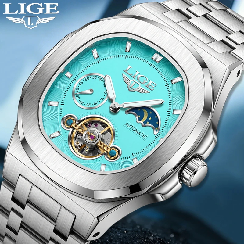

Мужские автоматические часы LIGE, топ-бренд, классический ретро-дизайн, с функцией отображения фаз луны, водонепроницаемые, с люминесцентным покрытием, механические наручные часы.