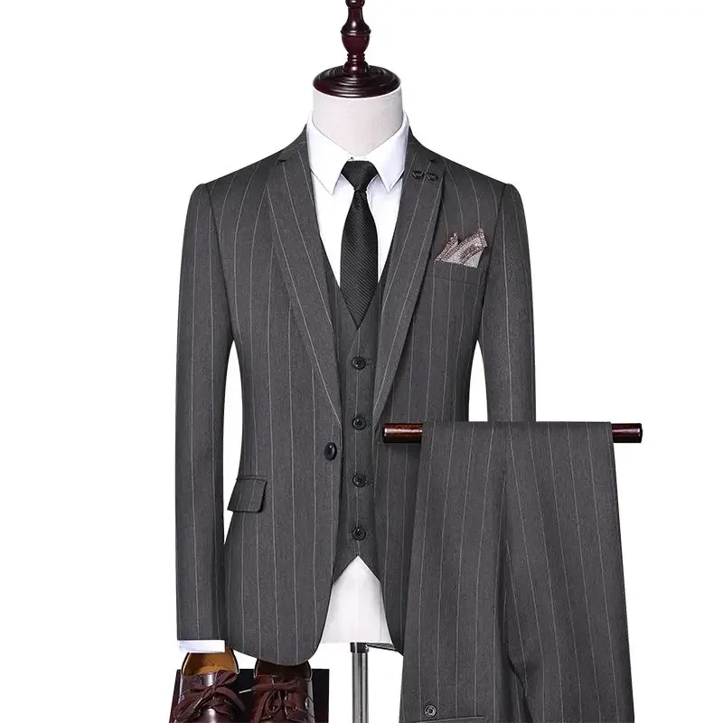 

Youth Suit Men's Slim Spring Autumn Jacket Business Striped Single Breasted Vest Long Sleeves Jackets Pants Three-piece Sets