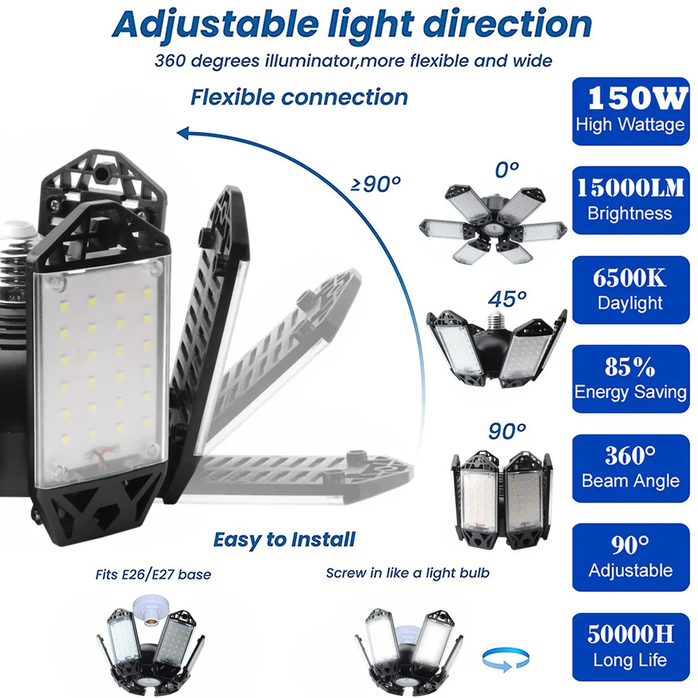 LED Garage Light E26/E27 Industrial Workshop Lighting LED Ceiling 80W/150W Deformable Night Lamp for Shop/Storage/Warehouse Bulb