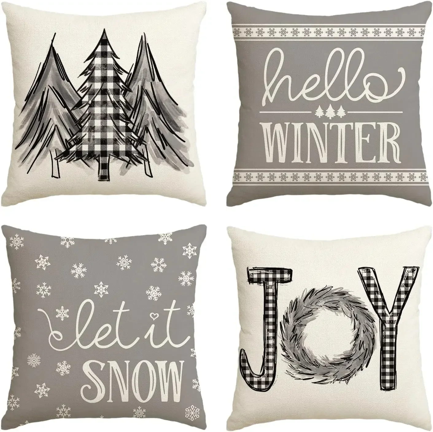 Merry Christmas Trees Mottos Gray Throw Pillow Covers, Hello Winter Let it Snow Holiday Cushion Case Decoration for Sofa Couch