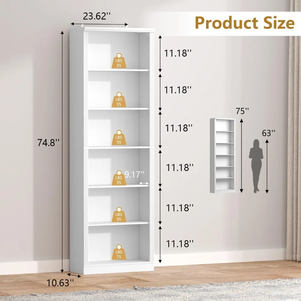75 Tall Bookshelf & Bookcase, 6-Tier Adjustable Storage Shelves, Book Shelf with Anti-Tipping Device, Floor Standing Modern Disp