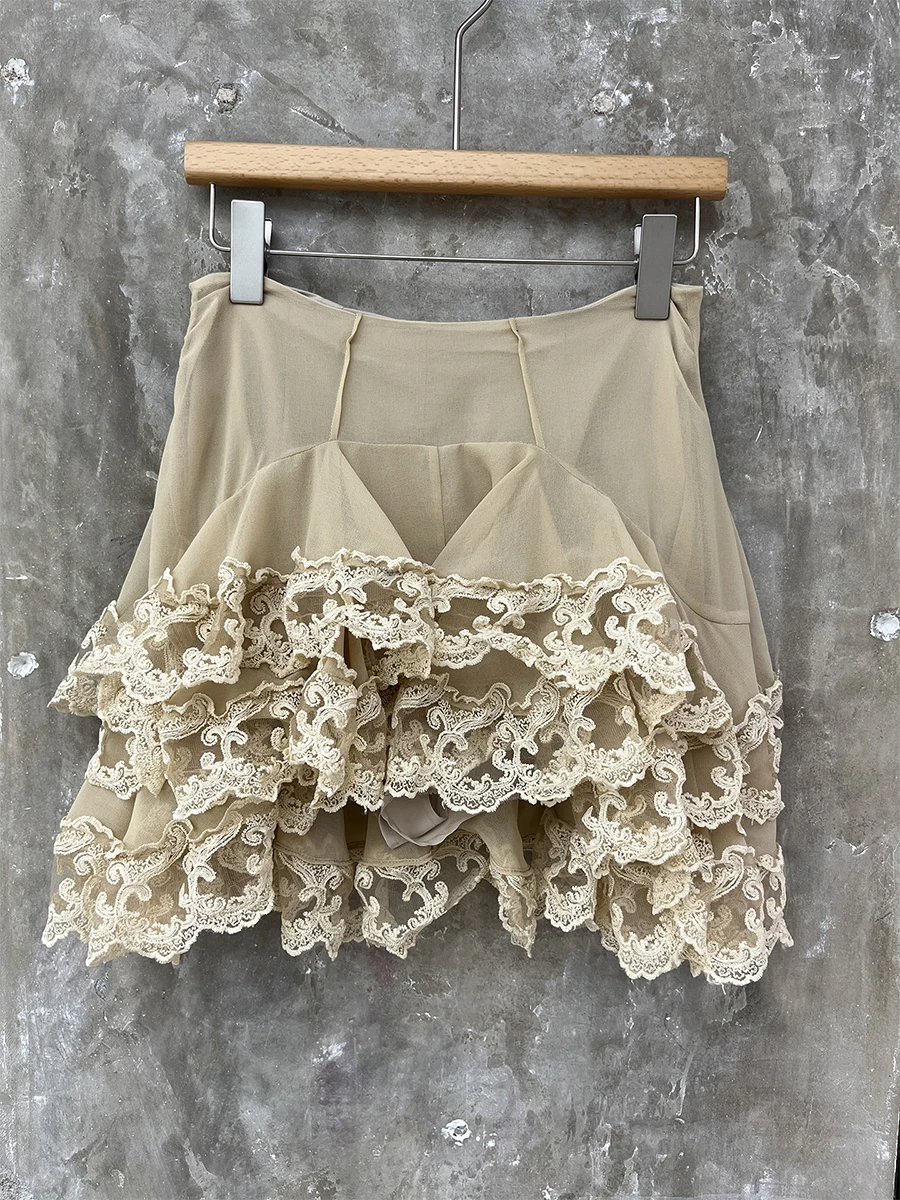 VGH Solid Spliced Sheer Mesh Two Piece Set for Women Lapel Long Sleeve Top Patchwork Lace Tiered Mini Skirt Summer Outfit Female