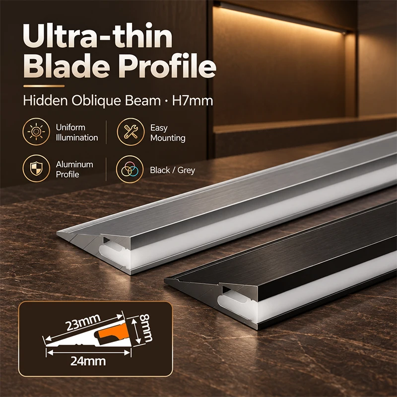 Groove-free 7mm Narrow 45-Degree Angled Polished Strip Light for Kitchen Cabinets, Wardrobes, Shelf Units, and Display Lighting