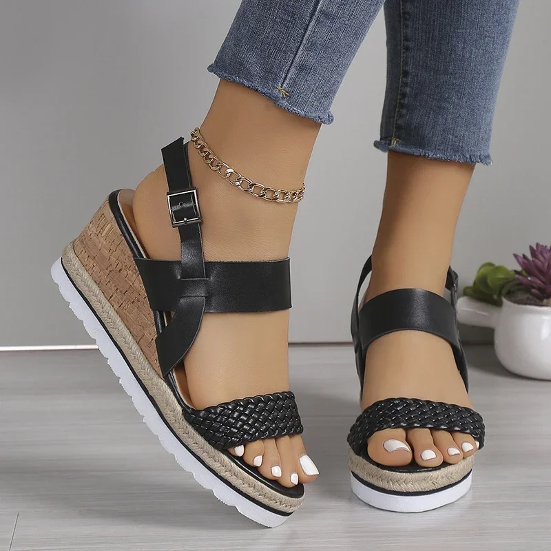 White Braided Wedge Sandals Women Summer 2025 Light Non Slip Beach Shoes Woman Fashion Buckle Strap Platform Sandalias De Mujer - Image 4