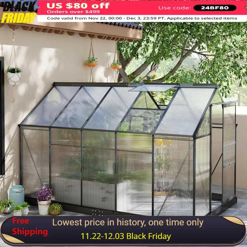 6' X 10' Greenhouse with Rain Gutter and Roof Vent, Aluminum Walk-in Green Houses for Outside, Polycarbonate Greenhouse