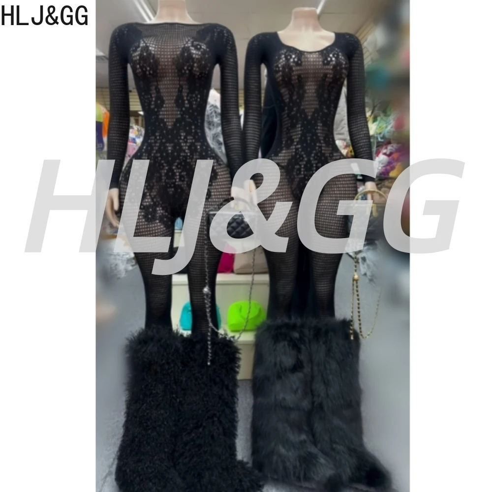 HLJ&GG Black Sexy High Quality Stretchy Knit See Though Bodycon One Piece Jumpsuits Women Long Sleeve Slim Playsuits Streetwear