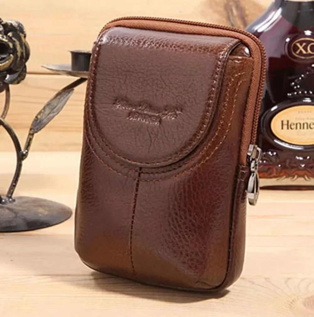 New Men's Genuine Leather Coin Purse Cell Mobile/Phone Pocket Cigarette Case Belt Hip Money Male Trend Bag Waist Fanny Pack