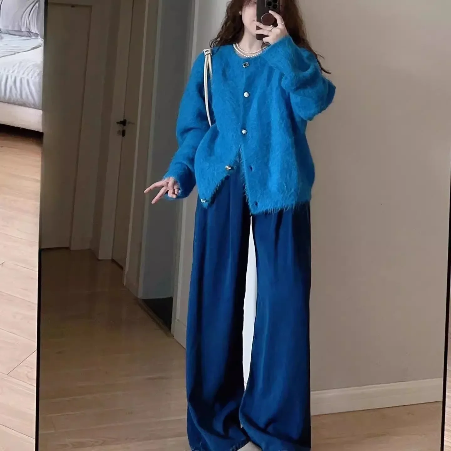 

Women's Sweater Korean Soft Cozy Klein Blue Knitted Open Cardigan Functional Chic Long Sve