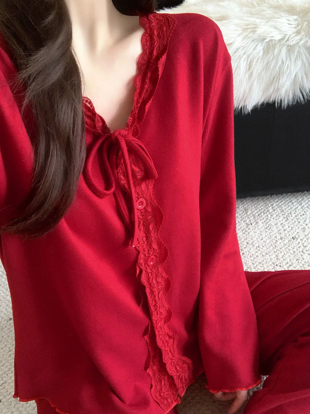 Red Cashmere Sleepwear Women's Thin Long Sleeve Lace  Knot Wedding Home Clothes Autumn Spring New Style V-neck Open ...