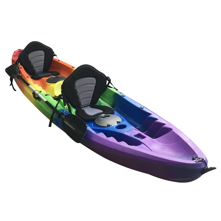 The best-selling and highest-quality two-person fishing kayak is a colorful canoe with a two-person tandem kayak sitting on top