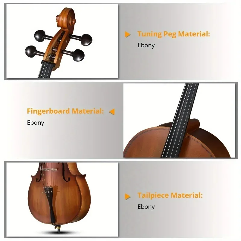 4/4 Matte Natural Color BASSWOOD Panel Cello with Bag Bow, Classical Music, Orchestra Instrument, Vintage Cello, Classic Look - view 5