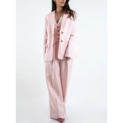 Summer Pink Linen Women Pants Set New Female Three Pieces(Blazer+Trousers+Vest) conjuntos para mujeres 3 piezas