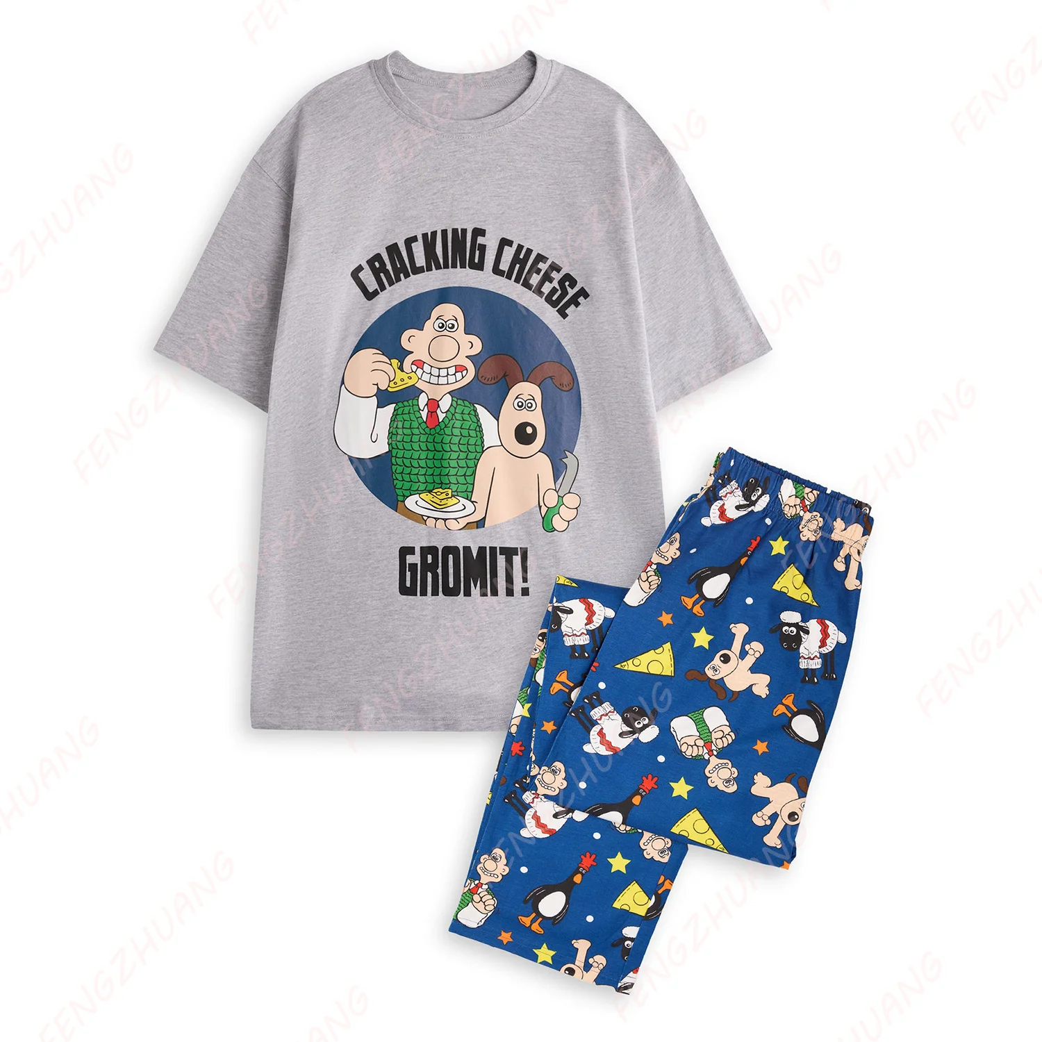 

Wallace And Gromit Grey Short Sleeve Long Trousers Set Men and Women Summer Loose Outfit Hot Sale Faddish Casual Set
