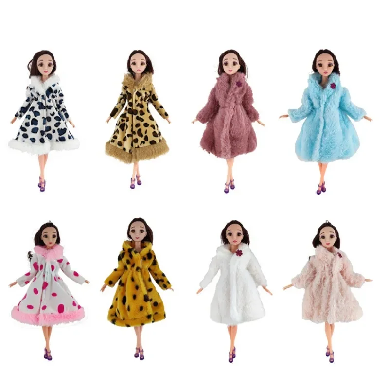 Dolls with long fur coats, especially soft and warm winters, fashionable clothes, accessories for girls, and gifts for children.