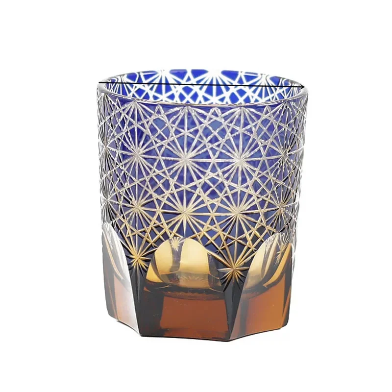 Purely hand-carved Japanese style, blue chrysanthemum set crystal whisky cup