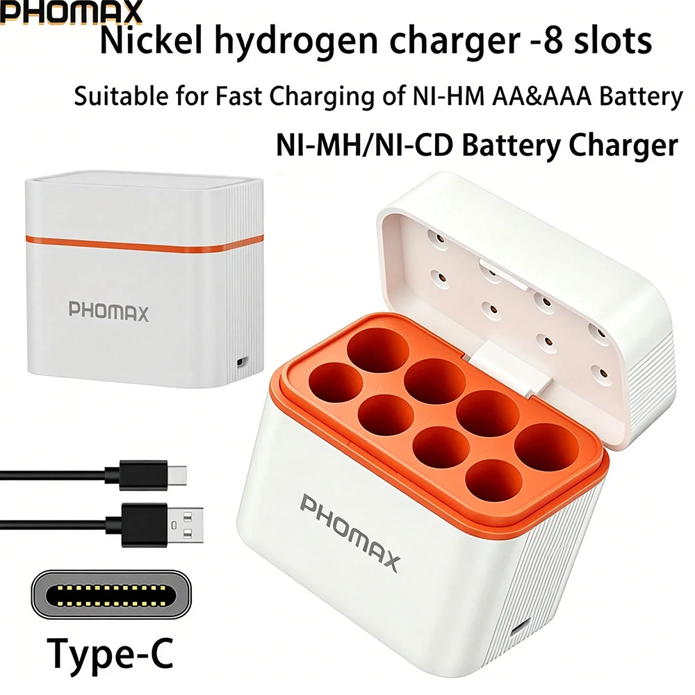 PHOMAX AA&AAA 8-slot NI-MH/Ni-Cd Combo Charging Compartment Smart Flip Top Charger for 1.2V AA AAA Rechargeable Batteries
