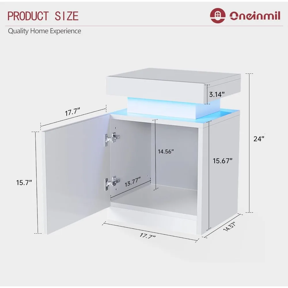 Nightstand Set of 2, LED Nightstand with One Cabinet, Bedside Table with LED Lights, Side Table for Bedroom