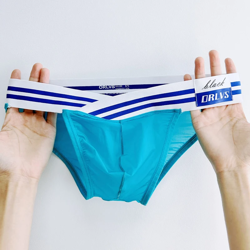 Men's Sexy Low Rise Briefs Breathable Stretch Underwear Blue Striped Waistband Contrast Color Bikini Trunks Fashion Soft Panties