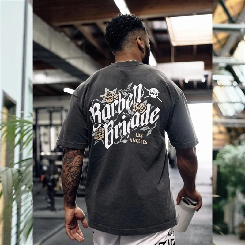 

BARBELL Rose Print Cotton Oversized Mens Fitness T Shirt Loose Sportswear Gym Men Sports Summer Clothes for Men 210g Cotton 3XL