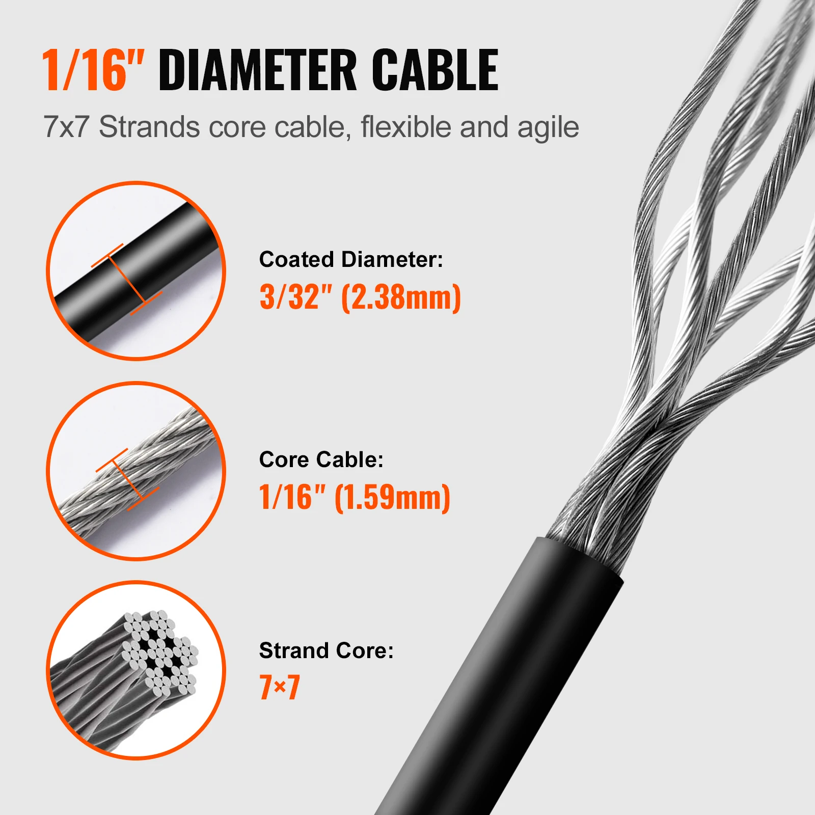 VEVOR Kit Fune Metallica Rivestita in Vinile, Cavo 3/32 Passante in Acciaio Inossidabile Diametro 1/16, Costruzione 7x7 Fili con 189 Accessori per Luci Stringa, Stendibiancheria, Vite, 164 Piedi Nero